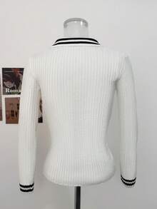 Korean Style Casual Color Block Ribbed Polo Collar Half-Button Pocket Long Sleeve Slim Fit Ribbed Knit Top For Women, Autumn/Winter - White - View 7