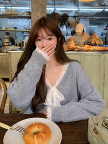Autumn/Winter Korean Style Loose Design V-Neck Lace Patchwork Bow Knot Women's Sweater - Grey - View 2