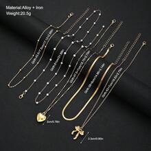 5pcs Simple Fashion Bowknot Heart Faux Pearl Y-Shaped Chain Necklace Set For Women, Sisters, Vacation, Date, Gift, Daily Casual, Party, Wedding, Matching With Mom - Golden - View 6