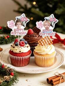 Personalized Photo Cake Topper, Customized Face And Age Happy Birthday Cupcake Toppers, Pink Balloon Birthday Cake Decoration, Customized Photo Cupcake Toppers, Birthday Party Supplies, Dessert Table Decoration - Pink 2 - View 7
