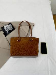 1pc Brown Vintage Leopard Print PU Large Capacity Tote Bag Women's Shoulder Bag - Brown - View 4