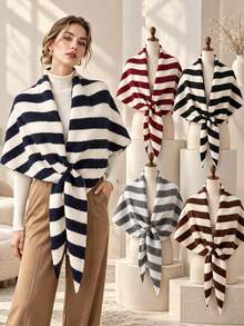 Stylish, Casual Striped Knit Shawl Featuring A Front-Tie Design; Soft And Lightweight, Suitable For Both Everyday Wear And Evening Attire; Thickened Knit // Suitable For All Seasons. - Multicolor - View 9