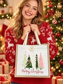 Christmas Printed Linen Tote Bag, Reusable Printed Women's Tote Bag, Large Capacity Shoulder Bag,Christmas Storage Bag, Suitable For Commuting, School And Shopping, Convenient For Outdoor Use, For Teachers, Perfect Choice For Vacation And Holidays - Multicolor - View 3