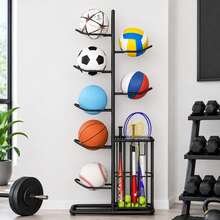 ERUIV 7-Tier Basketball Rack, Metal Ball Holder With Removable Support Bars And Side Basket, Sports Equipment Organizer For Basketball, Soccer And Volleyball, For Home, Garage And Gym, Black - Black - View 11