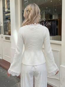 Women's Autumn/Winter Lace Trim Ruffle Hem Ribbed Knit Cardigan, Casual Daily Long Sleeve Vacation Outfit, Elegant Slim Fit Top - White - View 12