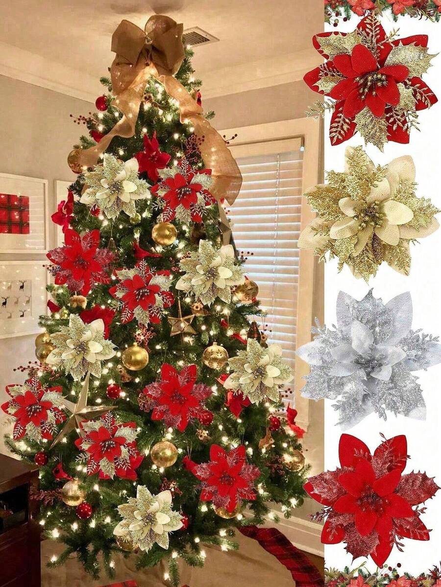 36Pcs Artificial Glitter Christmas Flower Decoration Set, Artificial Christmas Flower Decorations, Artificial Christmas Tree Decorations (Including Clips And Flower Branches), DIY Christmas Wreaths, Christmas Parties, Christmas Tree Decorations - Multicolor - View 1