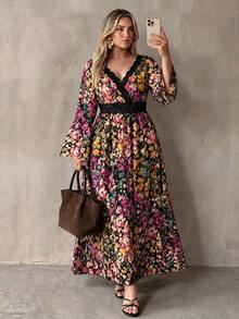 Rusttydustty Women's Plus Size All-Over Ditsy Floral V-Neck Vintage Elegant Dress - Multicolor - View 3