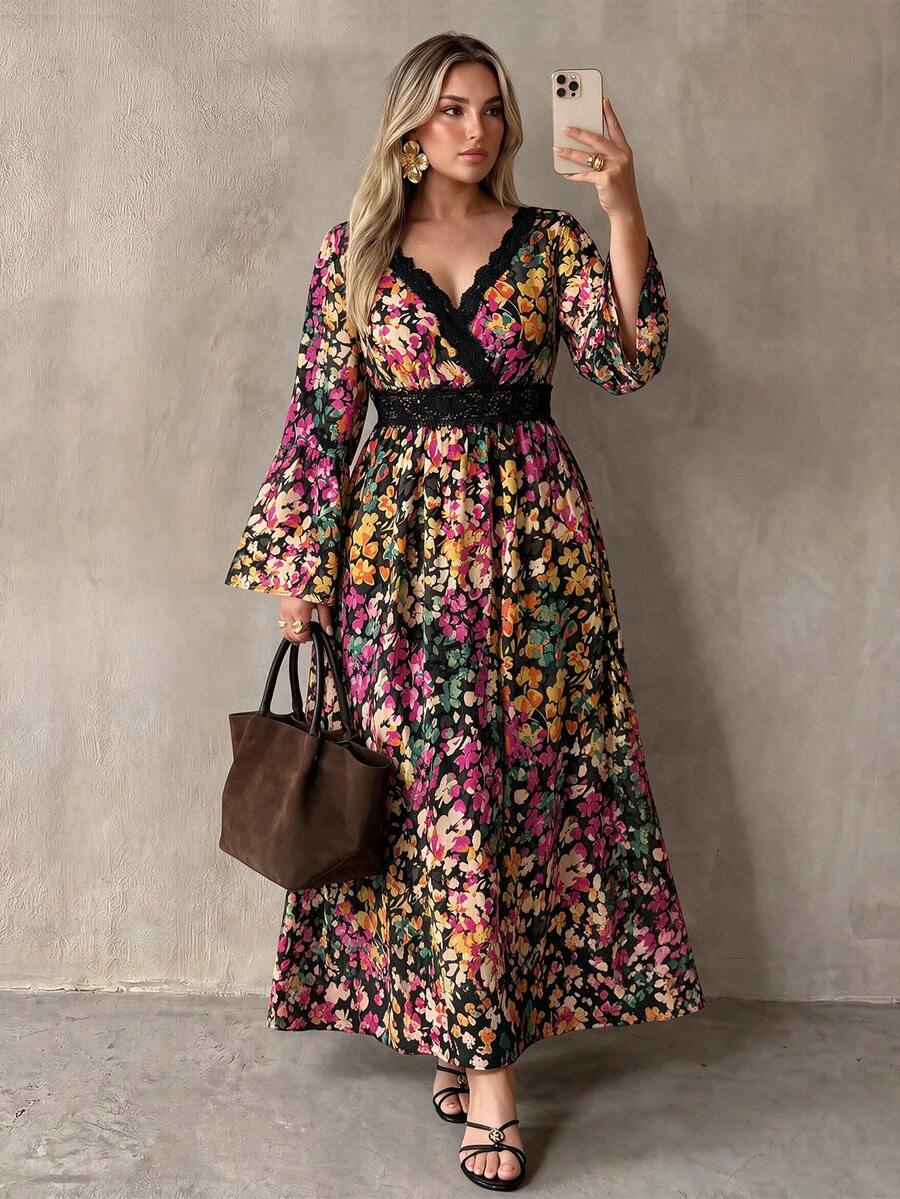 Rusttydustty Gaun Elegan Bergaya Vintage Leher V Motif Bunga Kecil untuk Wanita Ukuran Plus - MultiWarna - View 1