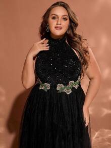 Women's Plus Size Glamorous Halter Neck Sequin Patchwork Hem Mesh Sexy Backless Long Party Holiday Evening Dress - Black - View 4