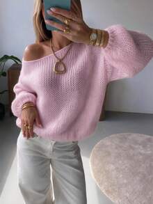 Atasan Rajut Tipis Gaya Korea Awal Musim Gugur GLAMMY, Atasan Rajut Sedikit Transparan, Leher Perahu Jala Berongga Longgar Lengan Lentera Off-Shoulder, Sweater Penutup, Pakaian Kencan Nuansa Liburan yang Lembut, Desain Berongga Bergaris Warna Solid untuk Lapisan Dalam Kamisol, Pakaian Rumah dan Sehari-hari - Berwarna merah muda - View 2
