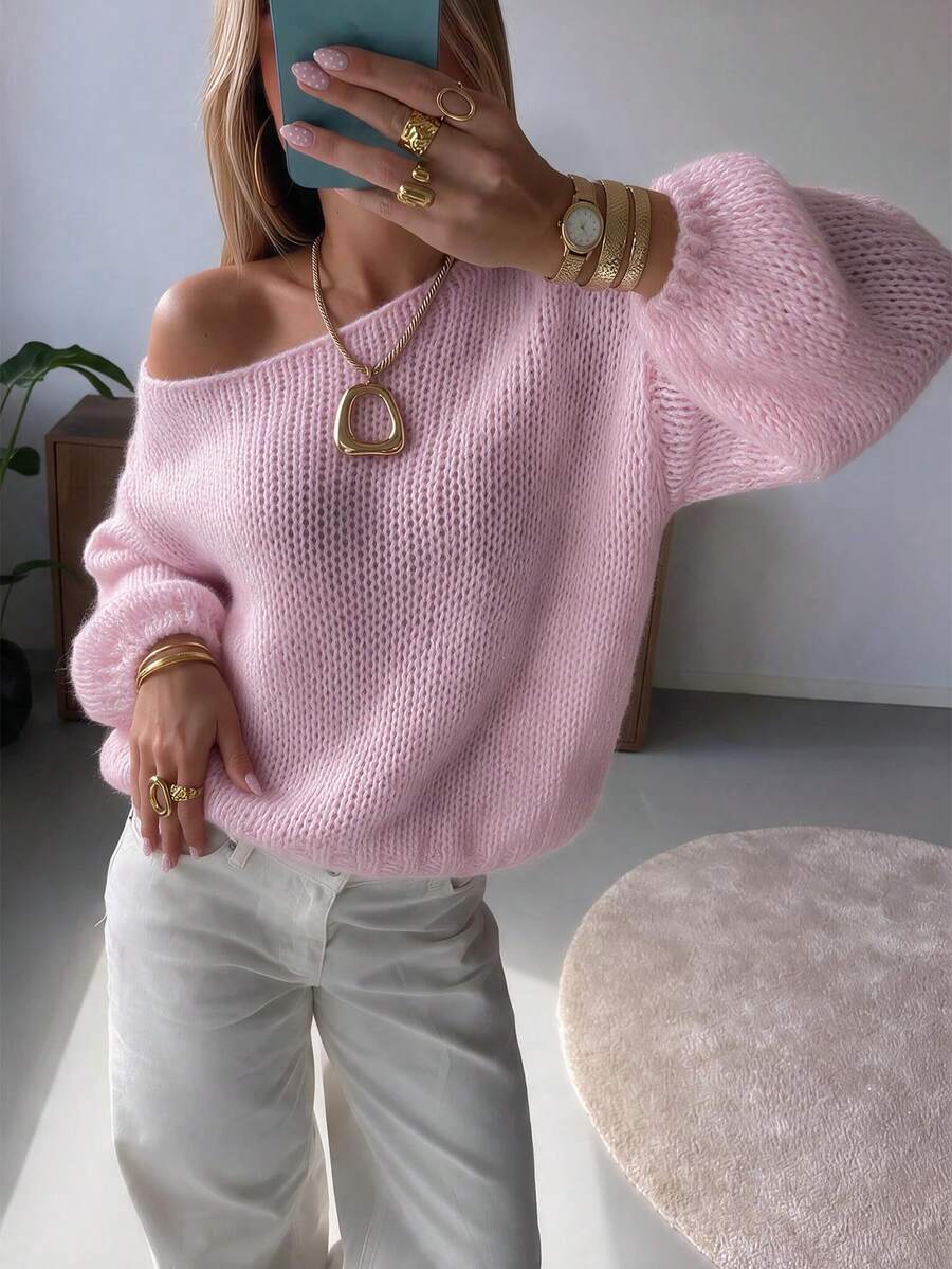 Atasan Rajut Tipis Gaya Korea Awal Musim Gugur GLAMMY, Atasan Rajut Sedikit Transparan, Leher Perahu Jala Berongga Longgar Lengan Lentera Off-Shoulder, Sweater Penutup, Pakaian Kencan Nuansa Liburan yang Lembut, Desain Berongga Bergaris Warna Solid untuk Lapisan Dalam Kamisol, Pakaian Rumah dan Sehari-hari