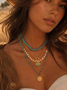 4pcs/Set Bohemian Turquoise Round Evil Eye Pendant Necklace, Fashionable Women's Neck Jewelry, Suitable For Daily Wear, Travel, Vacation And Photo Shooting, Handmade Chain Cut To Length - Multicolor - View 1