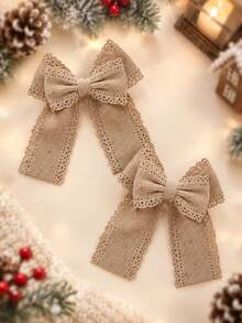 2pcs Brown Floral Embroidered Lace Bow Hair Clips, Cute Girls Hair Accessories, Alligator Clips, Daily Party Hair Clips - Multicolor - View 1