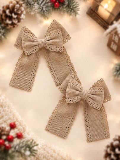2pcs Brown Floral Embroidered Lace Bow Hair Clips, Cute Girls Hair Accessories, Alligator Clips, Daily Party Hair Clips