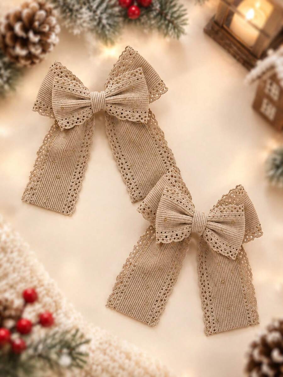 2pcs Brown Floral Embroidered Lace Bow Hair Clips, Cute Girls Hair Accessories, Alligator Clips, Daily Party Hair Clips - Multicolor - View 1