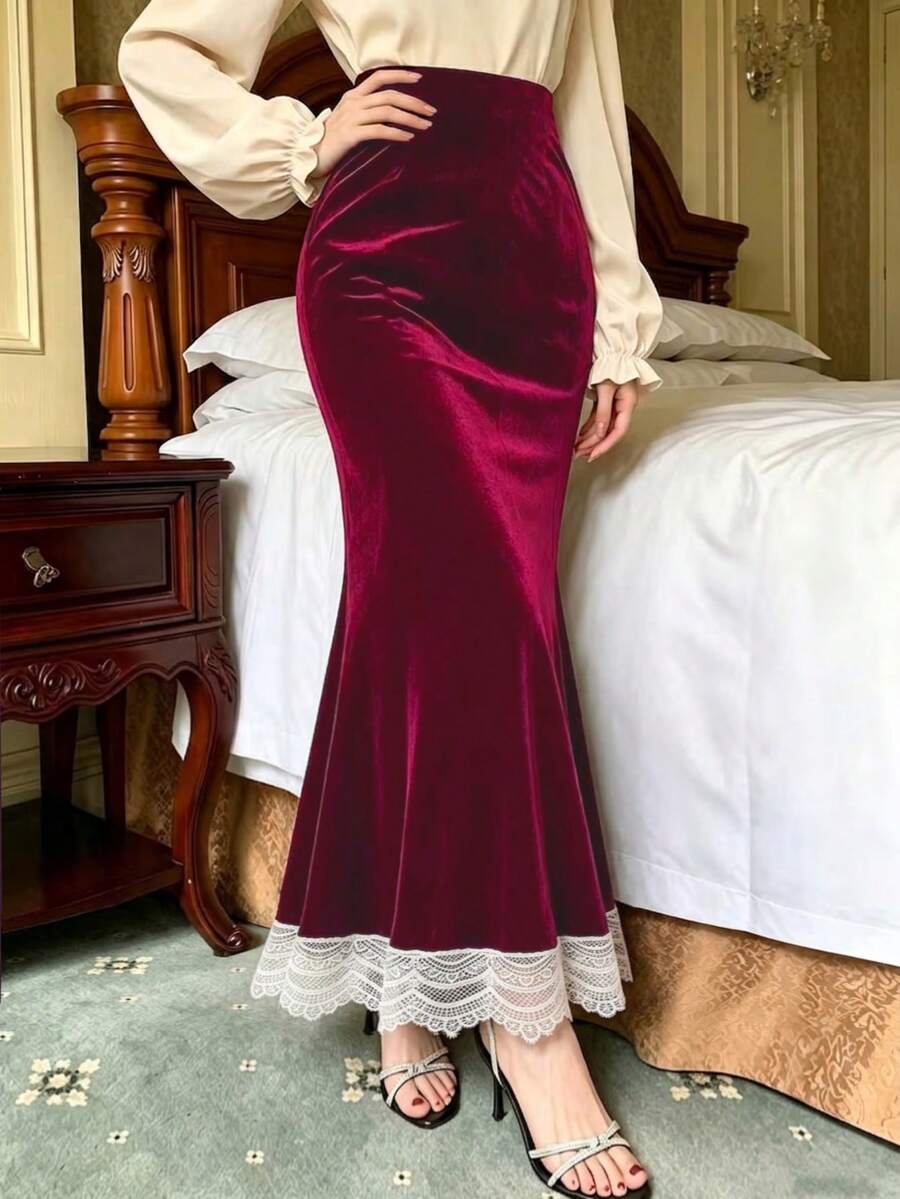 Plus Size Burgundy Velvet Mermaid Long Skirt, High Waist Lace Patchwork Hem, Slim Fit Bodycon Retro Autumn/Winter Date Party Skirt - Red - View 1