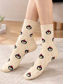 1/4 Pair Unisex Multi-Color Penguin Mid-Calf Socks, Soft Breathable Lightweight, Korean Cartoon Style, 3D Design For Girls And Students, Autumn - Multicolor - View 6
