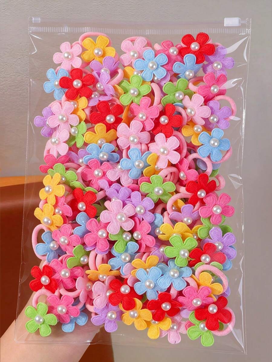 20pcs Kids Multi-Color Towel Ring Pearl Flower Hair Ties, High ...