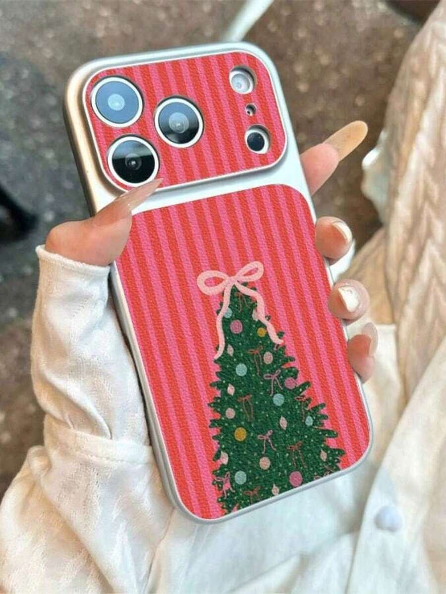 1pc Festive Pink Stripe Christmas Tree Pattern Phone Case,Compatible With IPhone 18 Pro Max 17 Pro Max 16 Pro Max 15 Pro Max 14 Pro Max & 11/12/13/14/15/16/17/18 Pro/Plus - Rose Gold - View 1