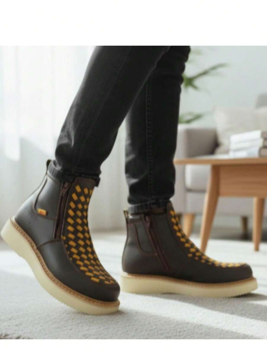 Men High-Top Leather Riding Boots - Brown - View 1