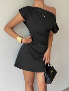 Unadoll Women's Autumn Black One-Shoulder Short Sleeve Ruched Mini Dress, Fitted Flare Skirt Elegant Summer - Black - View 2