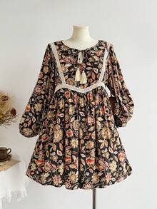 Rusttydustty Women's Plus Size Printed Lace Patchwork Long Sleeve Loose Bohemian Vacation Style Dress, Suitable For Autumn/Winter Elegant - Black - View 5