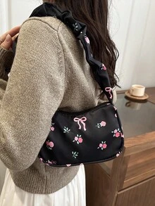 1pc Pleated Strap Women Underarm Bag, Tie-Up All Over Print Shoulder Handbag, Lightweight Portable For Commute Shopping Summer Travel Gift - Multicolor - View 3