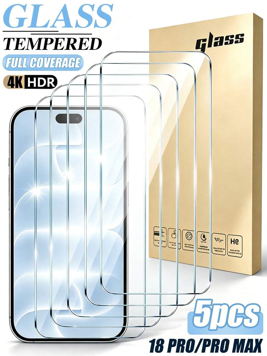 (5pcs/Pack) Tempered Glass Screen Protector, Compatible With IPhone 18 Pro Max, 18 Pro Duo, 17 Pro Max, 17, 17 Pro, 16 Pro Max, 16, 16 Plus, 16 Pro, 15 Pro Max, 15, 15 Pro, 15 Plus, 14 Pro Max, 14, 14 Pro, 14 Plus, 13, 12, 11 Pro Max And More Models; 9H Hardness, Anti-Shatter Design, High Definition Ultra Clear, Bubble-Free Adhesion, Easy Installation, Compatible With Phone Cases - Clear - View 1