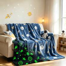 1pc Space Glow In The Dark Blanket Soft Flannel Astronaut Rocket Planet Throw Blanket Comfortable Warm Galaxy Bed Blanket Suitable For Teens And Adults Gift - Multicolor - View 13