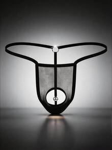 Men's Black Mesh Sheer Simple Sexy Comfortable Breathable Elastic Thong Underwear With Bell Decor - Black - View 1