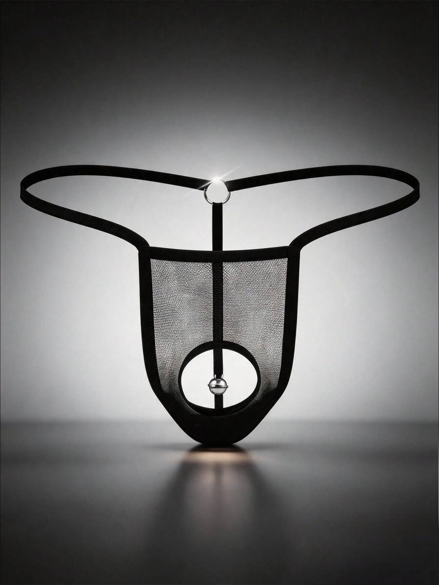 Men's Black Mesh Sheer Simple Sexy Comfortable Breathable Elastic Thong Underwear With Bell Decor - Black - View 1