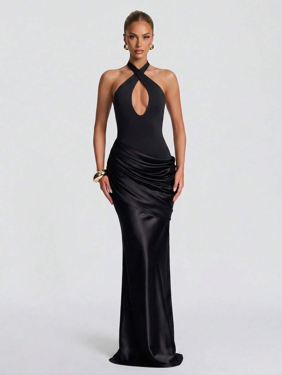 Elegant Sexy Halter Neck Long Party Dress, Halloween, Christmas, Holiday Dress, Ruched Waist Design, Elastic Fabric, Formal Banquet Ball Gown