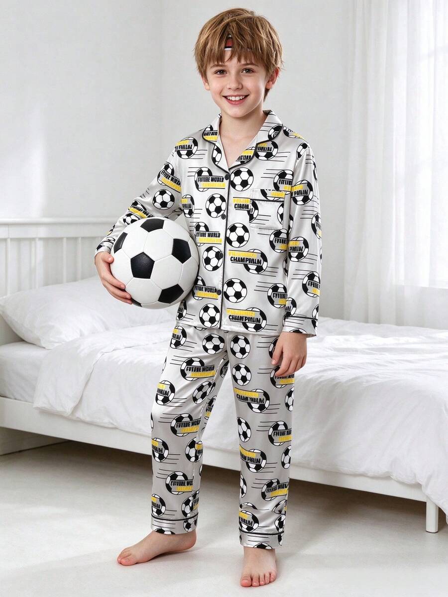 Tween Boy Grey Football Long Sleeve & Long Pants Pajama 2pcs Set