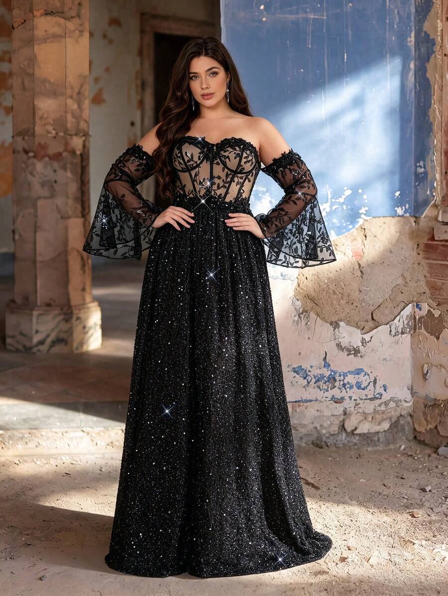 Gaun Maxi A-Line Elegan Ukuran Plus Musim Gugur/Dingin, Bahu Terbuka, Lengan Lonceng Transparan, Bordir Payet dan Renda Bunga 3D, Cocok untuk Pesta, Pernikahan, Pesta Dansa, Liburan - Hitam - View 1