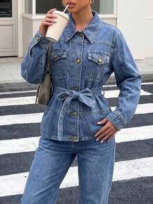 Women's Vintage Cinched Waist Waist Turn-Down Collar Denim Jacket, Casual Washed Denim Outerwear, Autumn Top - Medium Wash - View 6