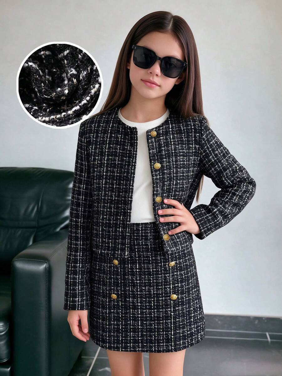 Tween Girls 2-Piece Set Autumn/Winter Basic Fit Tweed Print Thickened Jacket, Gold Button Decor, Plaid Preppy Style Autumn Outfit - Black - View 1