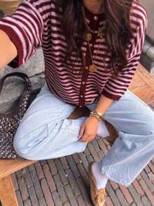 Plus-Size Women's Y2K Comfortable Burgundy Striped Elbow Sleeve Round Neck Loose Knit Cardigan Sweater Button Up Top Autumn Fashion Outfit - Red and Pink - View 4
