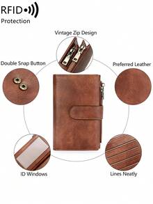 FOREVER MIYIN Vintage RFID Anti-Theft Women's Short Wallet, Double Fold Snap Wallet, Multiple Card Slots, Dual Zipper Coin Pocket, With ID Window, Suitable For Daily Use - Multicolor - View 5