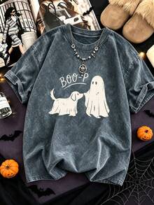 Women's Plus-Size "Boo-P" Ghost Dog Comfy Washed T-Shirt, Fun Halloween Dog Mom Tee, Halloween Top, Grey Top - Iron Grey - View 9