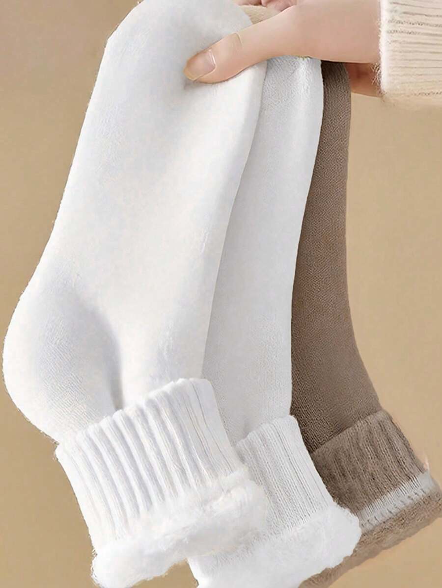 3 Pairs Women's Solid Color Thermal Lined Thick Mid-Calf Socks, Ribbed Cuff Warm Fuzzy Home Floor Socks, Suitable For Cold Autumn/Winter - Multicolor - View 1
