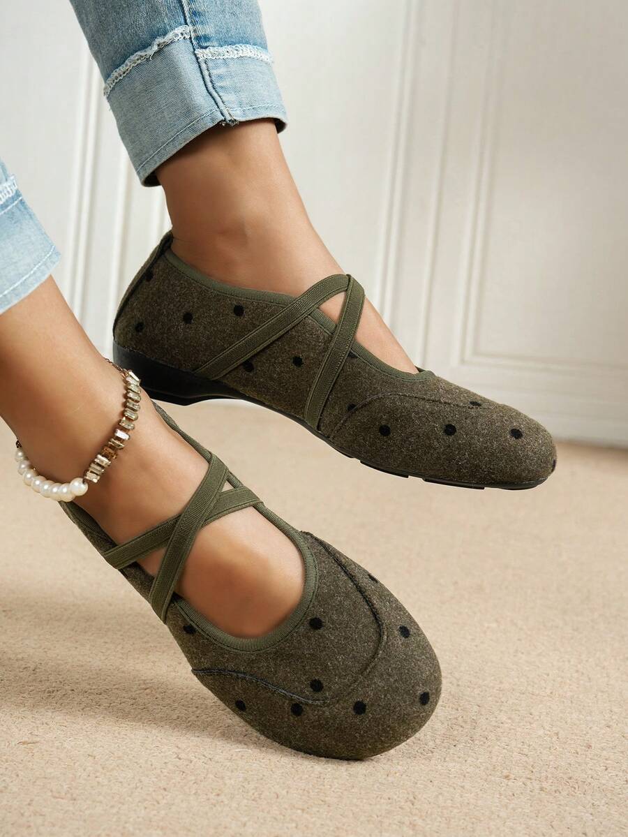 Women's Round Toe Polka Dot Mary Jane Flat Shoes, Cross Elastic Strap ...