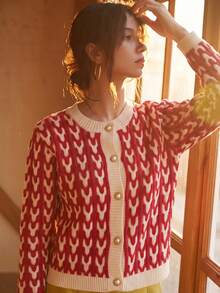 Knit Mix Elegant Women's Autumn/Winter Fashion Casual French Style Round Neck All-Over Print Colorblock Jacquard Front Button Long Sleeve Cardigan - Red - View 3