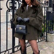 Versatile Solid Khaki Front Button Pocket Ribbed Women Wool Blend Jacket, With Pockets, Elegant & Versatile, Suitable For Daily And Fashionable Street Wear In Autumn/Winter, Office, Business Casual, And Campus Wear - Army Green - View 3