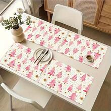 1/4/6pcs Christmas Series Pink Watercolor Christmas Tree Pattern Printed Placemats, Heat-Resistant Table Mat For Home Kitchen/Table Protection, Kitchen Dining Table Party Scene Decoration - Multicolor - View 6