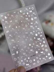 1pc Hot Stamping Silver Cat Whiskers Nail Stickers Y2K Hollow Star Bow Self-Adhesive Nail Decals Cute Cat Expression Nail Art Stickers - Multicolor - View 1