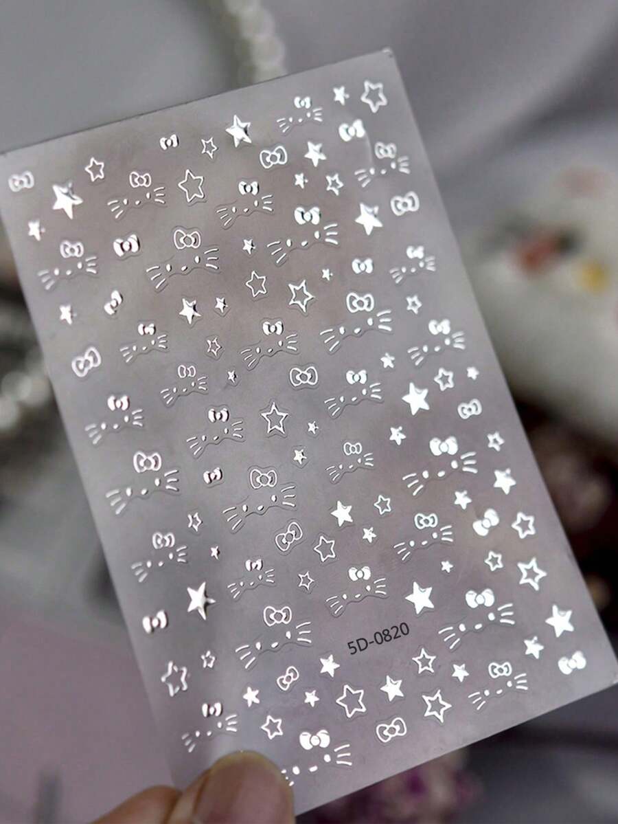 1pc Hot Stamping Silver Cat Whiskers Nail Stickers Y2K Hollow Star Bow Self-Adhesive Nail Decals Cute Cat Expression Nail Art Stickers - Multicolor - View 1