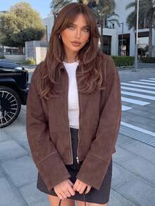 26 Autumn/Winter New Fashion Vintage Deer Suede Lapel Loose Jacket For Daily, Travel And Airport Outfits - Coffee Brown - View 8