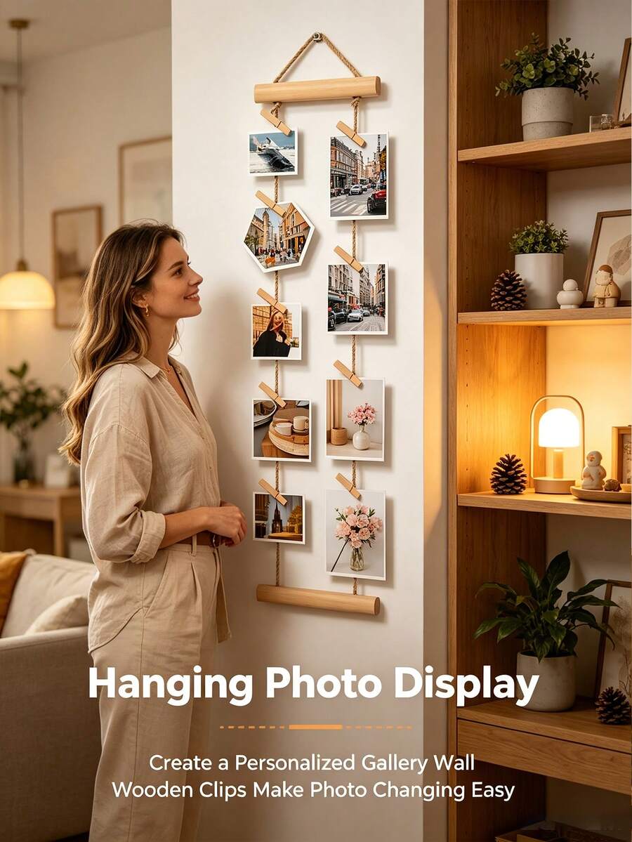 18pcs Wall-Mounted Photo Display Set, Includes 1 Hanging Rack, 15 Photo Clips, 1 Adhesive Hook, 1 Metal Hook, Wooden Photo Wall Hanging Rope, Photo Clip Frame, Suitable For Decorating Bedroom, Living Room, Refrigerator And More - Multicolor - View 1