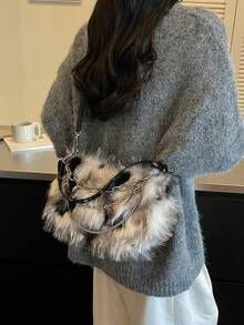 1件女款黑白漸層波點毛絨包，秋冬時尚Y2K龐克風鏈條腋下單肩包 - 黑與白 - 查看 8