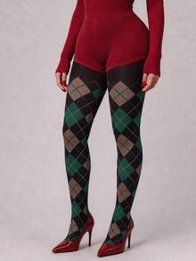 1 Pair Argyle Pattern Tights, Autumn/Winter Retro Green & Brown Diamond Check Elastic Full Foot Tights, Preppy Style - Multicolor - View 5